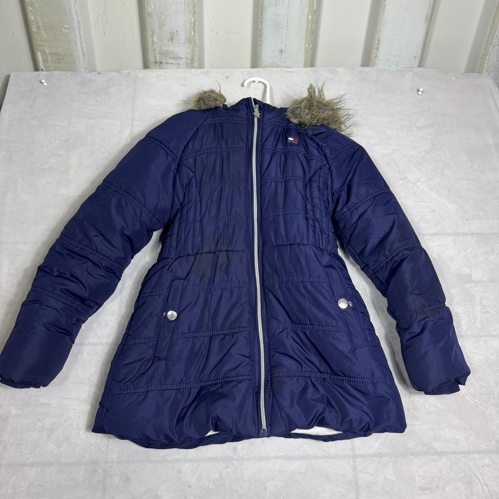 Tommy Hilfiger Girls Puffer Coat‎ Jacket Blue Fleece Full Zip Faux Fur Hooded M